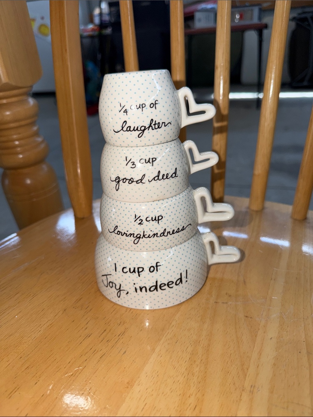 stackable mug set, featuring quotes like "1 cup of Joy, indeed!"